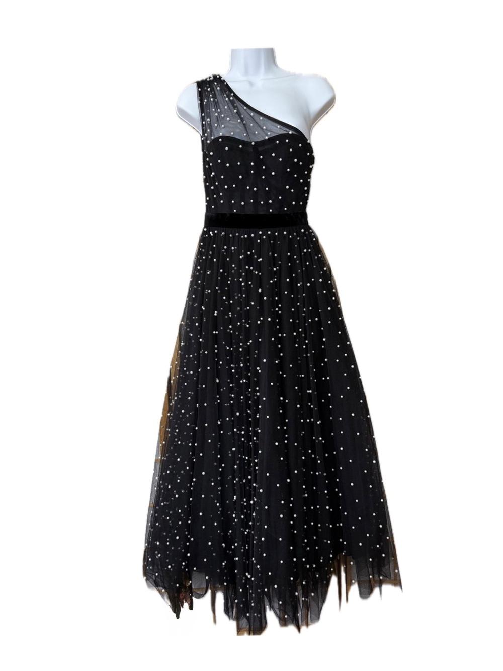 Betsy & Adam Faux Pearl One-Shoulder Tulle Cocktail Dress